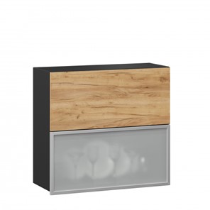 Кухонный навесной шкаф 800 горизонтальный, Шервуд, ЛД 281.981.000.049, со стеклом, черный/дуб золотой в Краснодаре